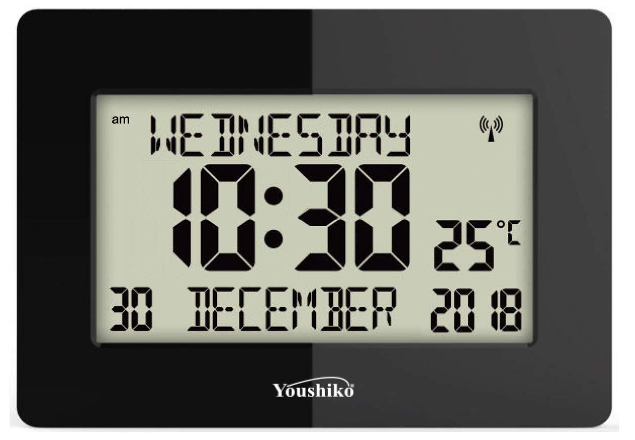 Youshiko Radio Controlled Silent Large LCD Wall Clock (Offical UK Version) Auto Set Up with Day Date Month Helpful for DEMENTIA & ALZHEIMER SUFFERERS (Black)