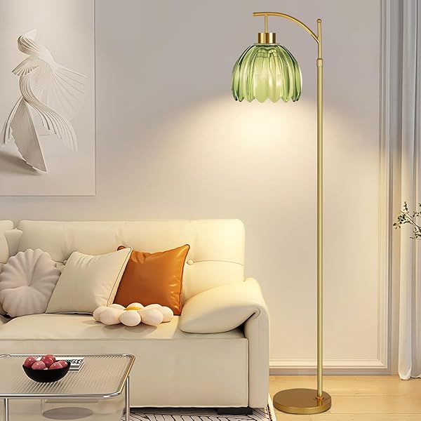 QIYIZM GREEN FLOOR LAMP FOR LIVING ROOM,BEDROOM,GOLD DIMMABLE STANDING LAMP WITH REMOTE,MID CENTURY MODERN BRASS TALL LAMP BOHO FLOOR LAMPS ARC STAINED GLASS FLOWER LIGHT BOHEMIAN