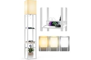 PAZZO Floor Lamp with Shelves, Shelf USB Floor Lamp, 3 Color Temperatures Solid Wood Floor Lamp with 2 Charging Ports and 1 Power Outlet, Lamps for Livingroom Bedroom, Bulb Included, White