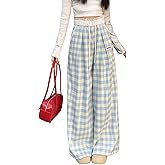 Veryin Women's Wide Leg Pants Plaid Lounge Pants High Waist Straight Casual Loose Checkered Trousers with Pockets