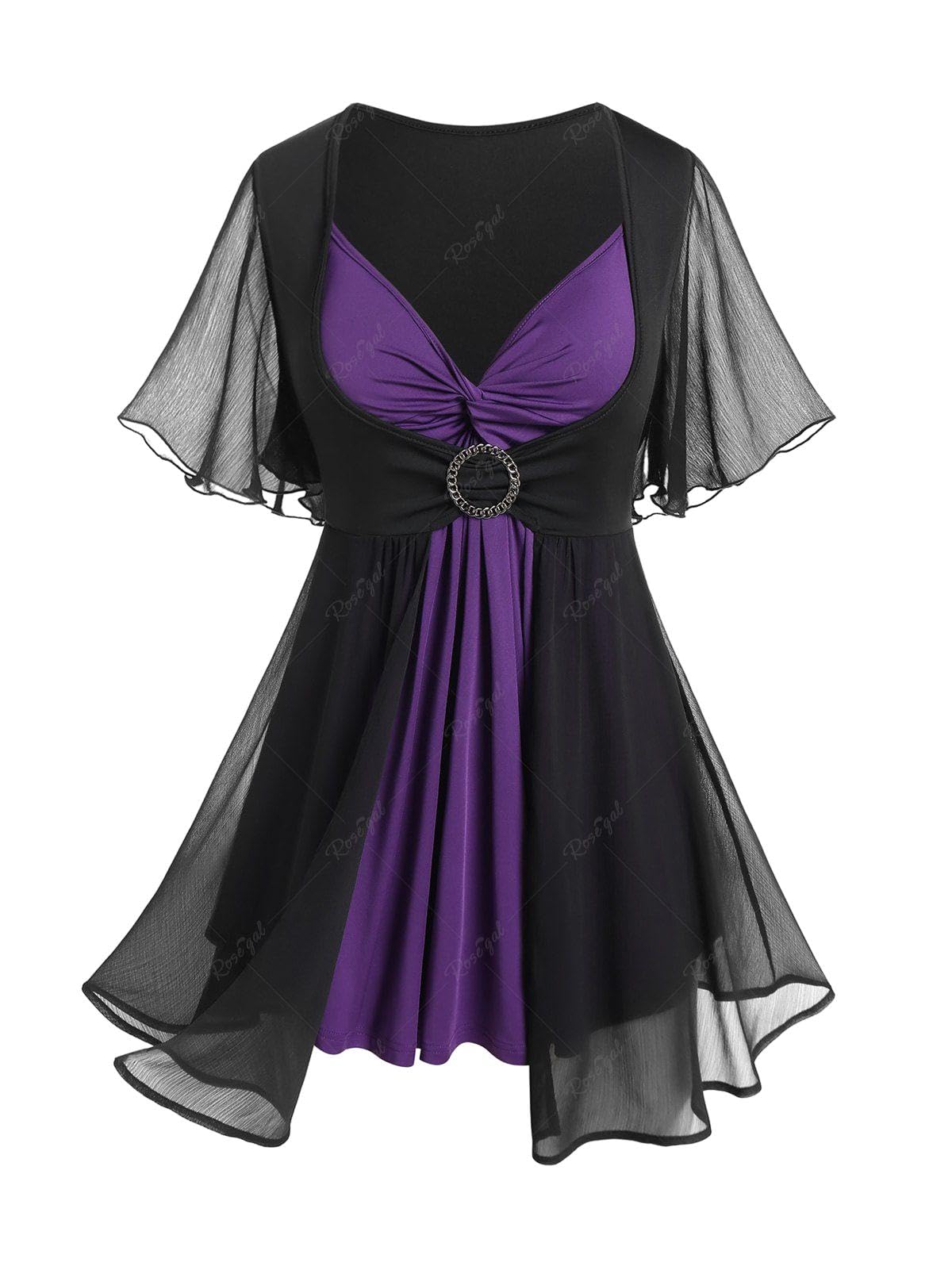 Photo 1 of Rosegal Plus Size Womens Sweetheart Neck Two Tone O Ring Twist Chiffon Blouse Color Block 2 in 1 Short Butterfly Sleeve Flowy Top(Black/4X)
