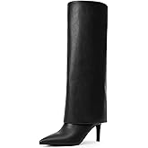 VIUGJNEX Knee High Boots Women Fold Over Boots Pointed Toe Stiletto Heel Long Shark Tall Boots with Zipper