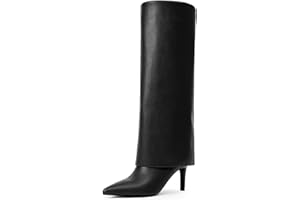 VIUGJNEX Knee High Boots Women Fold Over Boots Pointed Toe Stiletto Heel Long Shark Tall Boots with Zipper