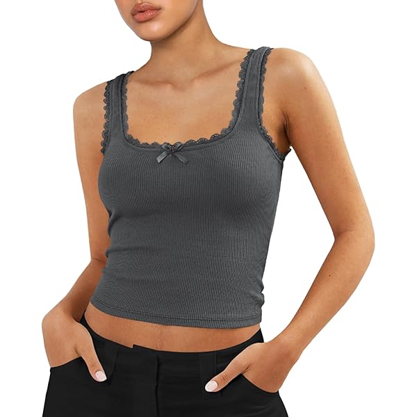 Women Lace Cami Top Y2K Spaghetti Strap Lace Trim Ribbed