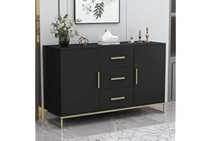AIEGLE Sideboard Buffet Storage Cabinet with 3 Drawers & 2 Doors, Kitchen Entryway Cupboard with Gold Metal Legs, Black (47.2" L x 15.7" W x 29.3" H)
