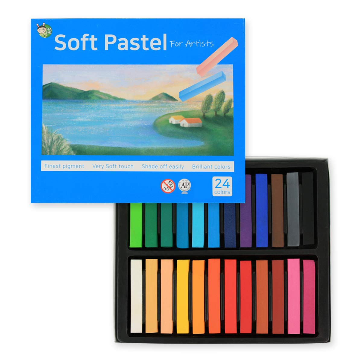 HASHI Non Toxic Long Soft Pastel Set for Professionals - Square Chalks Brilliant Assorted Colors (24 Colors)
