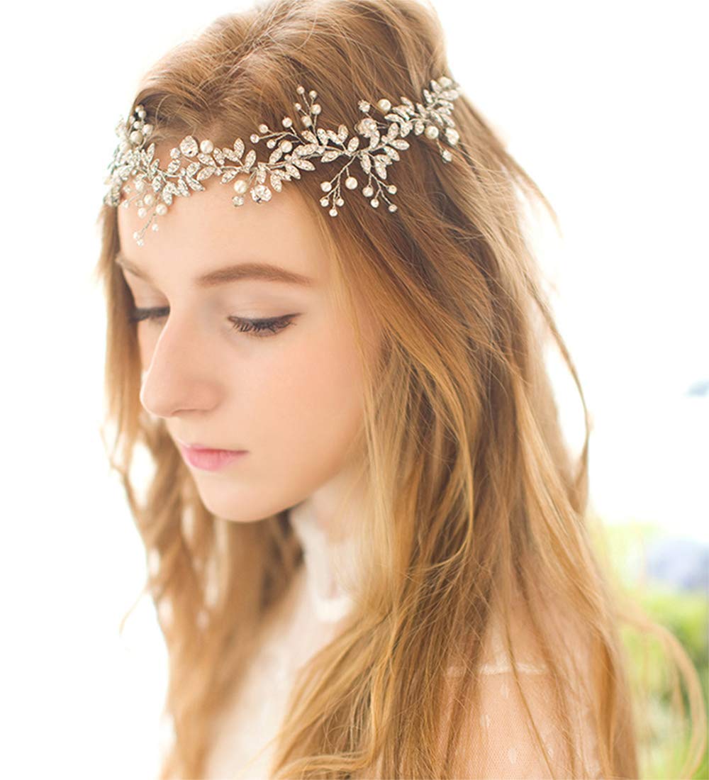 Anglacesmade Bridal Crystal Headband Pearl Hair Vine Rhinestone Wedding Headpiece for Bride Bridesmaid Hair Jewelry for Women and Girls (Silver)