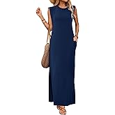 Maxi Dresses for Women Round Neck Sleeveless Casual Loose Split Long Beach Sundress 2025 Summer Dress with Pockets