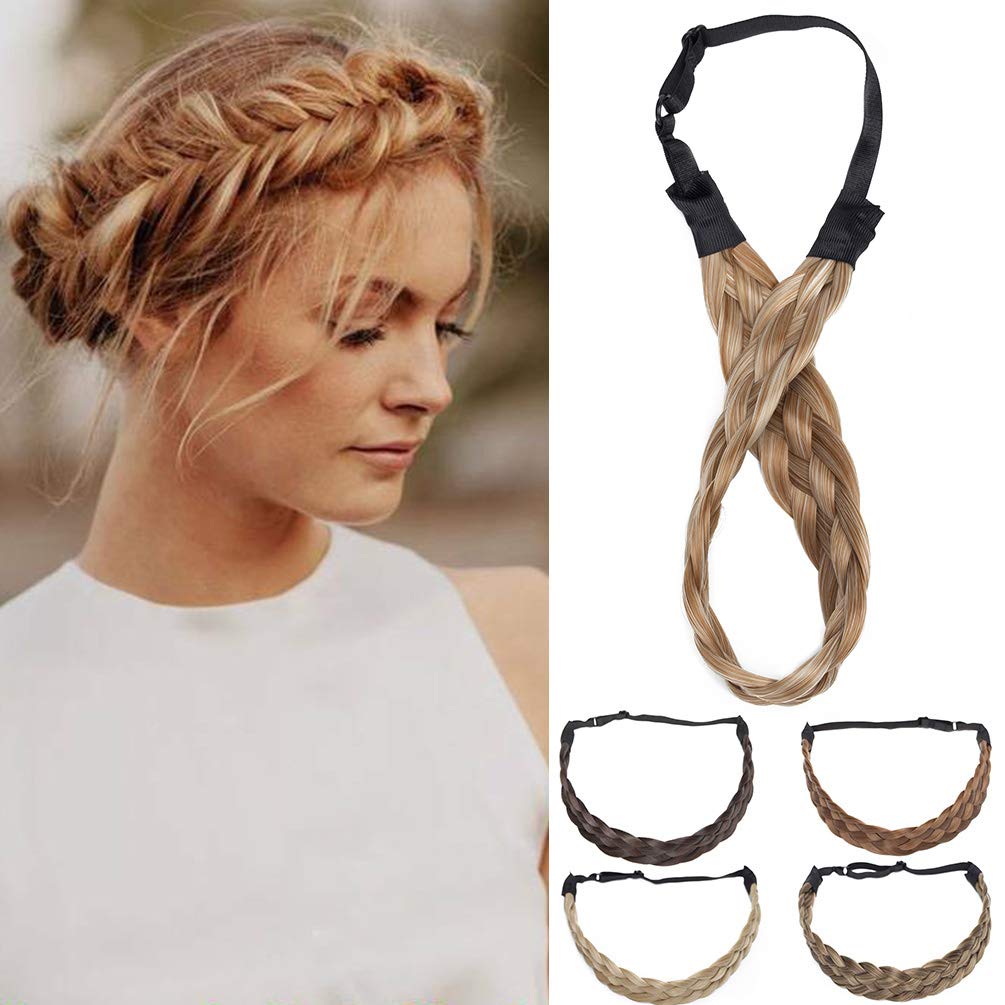 Hair Braided Hair Extensions Headband Classic Chunky Wide Plaited Braids Elastic Stretch Hairpiece Women Girl Beauty Accessory Width 1.5" - Sandy Brown mix Bleach Blonde