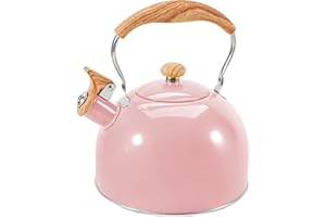 GGC Tea Kettle for Stove Top, 85OZ/2.6QT Whistling Tea Kettles for Boiling Water Milik or Coffee, Pink Stainless Steel Tea Pots with Wood Pattern Folding Handle, Thumb Design Control Kettle Outlet