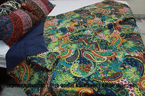 ImperialIndianCraft 100% Handmade Indian Paisley Quilt Blanket Comforter - Dark Blue Ethnic Paisley Kantha Quilt, Bohemian, Mediterranean Traditional Bedding | PREMIUM QUALITY | KING SIZE 17