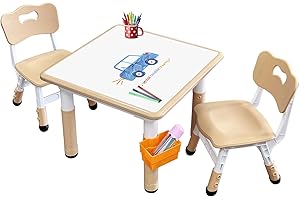 JIAOQIU Kids Table & Chair Set with Adjustable Toddler-Safe Non-Slip Legs, Activity & Graffiti-Proof Desktop Ages 3-12
