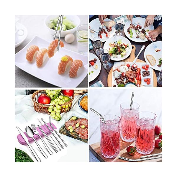 Suhsai-9-Piece-Portable-Stainless-Steel-Cutlery-Set-Steel-Utensils-Knife-Spoon-Fork-Chopsticks-Cleaning-Brush-Wheat-Straw-Box-CaseTableware-Camping-Picnic-Travel-Cutlery-Set-Pink Suhsai 9 Piece Portable Stainless Steel Cutlery Set, Steel Utensils Knife, Spoon, Fork, Chopsticks, Cleaning Brush, Wheat Straw Box Case,Tableware, Camping, Picnic, Travel Cutlery Set (Pink)