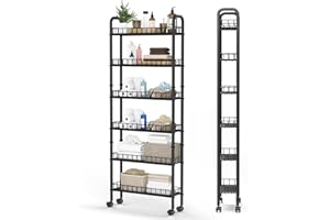 FIAYGRO 6 Tier Slim Storage Cart with Wheels, Slim Shelving Shelf for Small Spaces, Metal Mobile Shelving Unit Organizer Utility Cart for Kitchen Bathroom Office Laundry Narrow Piaces