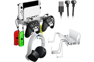 EJGAME Wall Mount Bracket Compatible with Nintendo Switch/OLED,Metal Wall Mount Kit Shelf Stand Accessories with Hooks for Hanging Headphone and Joy-Cons, Dual Controller Holder (White)