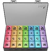 Fullicon Large Pill Organizer 4 Times a Day, 7 Day Pill Box, Black Rainbow | Each Compartment Holds 12 Fish Oils or 13 Vitamins, Clear Daily Icons, Durable Printing, Easy Open, Secure Snap Lids