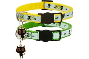 BARLEYGOO 2 Pack Glow in The Dark Cat Collar with Bell Breakaway Safety Cat Puppy Collars with Pendant Green and Yellow