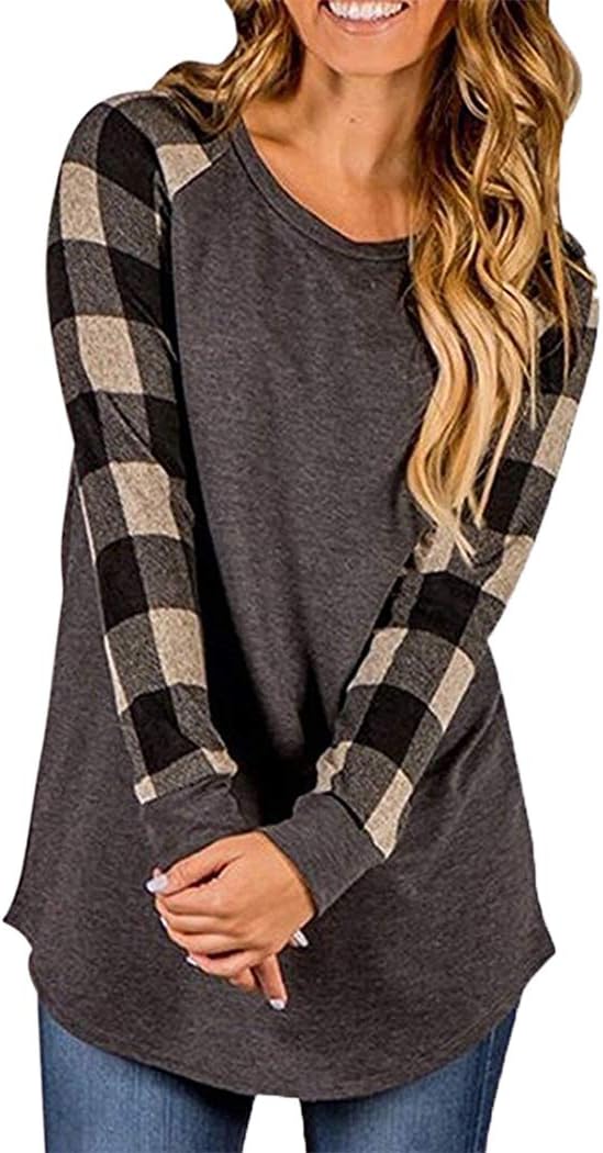 Women Casual Shirts Plaid Printed Stitching Color Tops Blouses