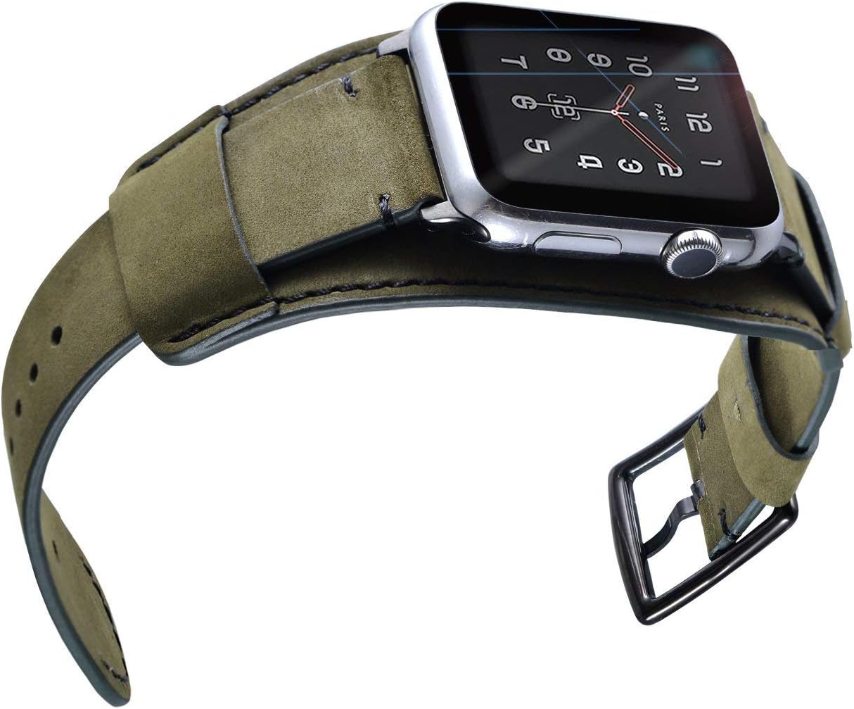 Leotop Unisex-Adults Genuine Leather Cuff Replacement Bracelets with Stainless Steel Clasp for iWatch Series 44/42mm Green - Image 5