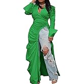 Choichic Women's Deep V Neck Ruched Long Sleeve Side Split High Low Irregular Hem Top Tunic Blouse Long Shirt Dress