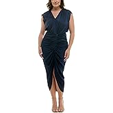 Nicole Miller New York Womens V Neck Rusched Front Satin Dress
