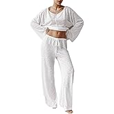 Hilinker Women's Sheer Mesh 2 Piece Pajama Set See Through Long Sleeve Top and Pants Lounge Sets