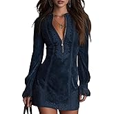 Women's Deep V Neck Zip Front Mini Dress Lace Trim Long Sleeve Bodycon Retro Party Dress