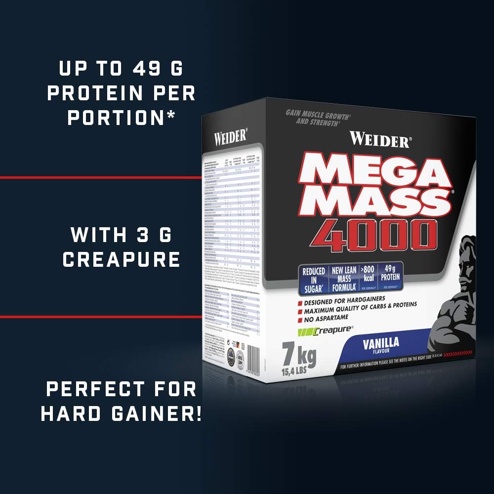 Weider Mega Mass 4000 Vanilla Protein Rich Formulation With Creapure Creatine High Quality Complex Carbs Muscle Building 7kg Amazon Co Uk Health Personal Care