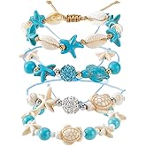 SUNNYCLUE 4 Styles Sea Turtle Bracelet Shell Anklet Summer Hawaii Boho Ocean Anklets Synthetic Turquoise Beads Adjustable Braid Fashion Starfish Bracelets Set for Women Men Supplies