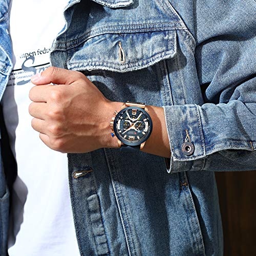 Men’s Sport Chronograph Wristwatch Military Casual Waterproof Blue Leather Watch for Men with Date Display …