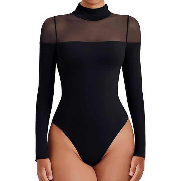 トップス josemoon SHEER BODY SUITS CORIRESHA Women's Chic Pearls Top Long Sleeve Crewneck Sheer Mesh