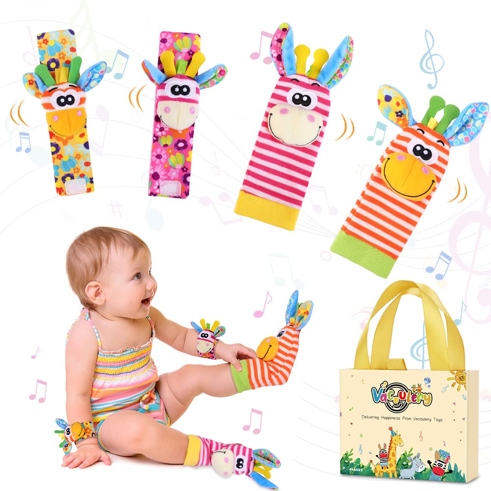Vacoulery Baby Wrist Rattles & Footfinder Set Soft Animal Baby Rattles Toys for Over 0 Month Infant Development 4Pcs (Style 2)