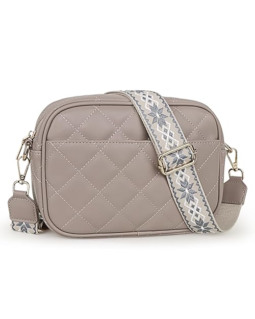 Prite Cross Body Bag for Women Shoulder Bag with Adjustable Wide Strap Leather Handbag with Card Slots Quilted Crossbody Bag for Work Shopping Travel (Grey)