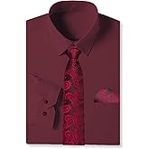 Cromoncent Mens Long Sleeve Dress Shirt and Tie Set Suit Shirt with Matching Tie and Handkerchief