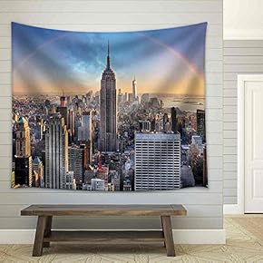 New York City Skyline with Urban Skyscrapers and Rainbow. - Fabric Wall Tapestry Home Decor - 51x60 inches