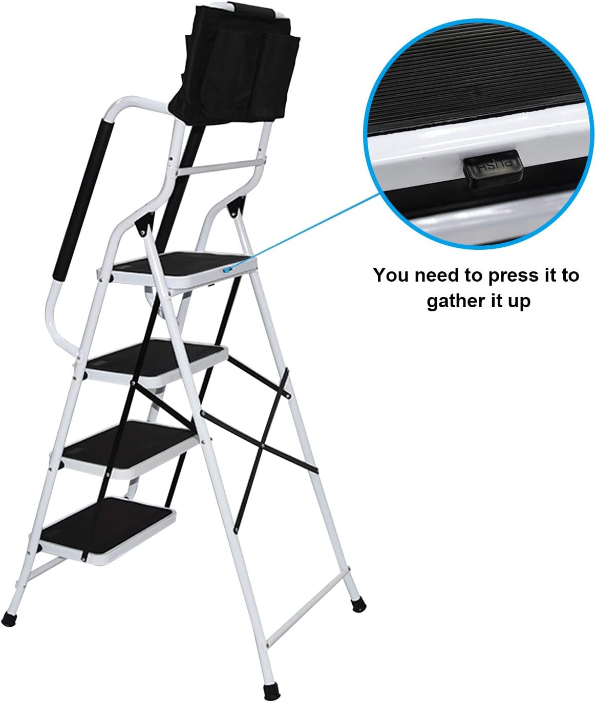 charaHOME 4 Step Ladder Step Stool 500 lb Capacity Folding Portable Ladder Steel Frame with Safety Side Handrails Non-Slip Wide Pedal Kitchen and Home Stepladder with Attachable Tool Bag - - 