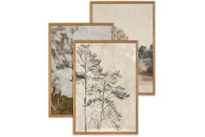 UPWOIGH Large Framed Wall Art, Set of 3 Vintage Muted Landscape Decor, 16"x24"(40x60CM) Natural Cotton Posters with Trees, No