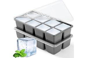 Large Ice Cube Molds 2 Pack, JRISBO Silicone Ice Cube Tray for Freezer with Lid, 8 Giant Square Cubes, Easy Release Stackable