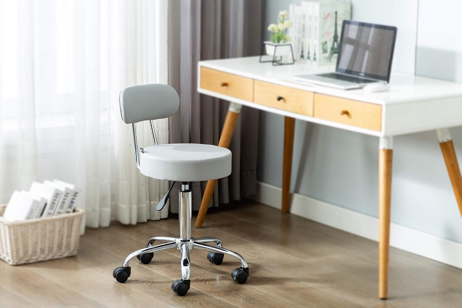Artechworks Adjustable Rolling Swivel Massage Stool for Salon Spa Tattoo Facial Medical Office Stool Chairs with Backrest Wheels and Metal Plate Frame Grey(1 Pcs): Furniture & Decor
