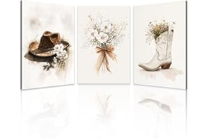 Western Canvas Wall Art Set of 3 Framed - Cowgirl Boots and Hat with Flowers Paintings, Aesthetic Prints for Girls Room and L