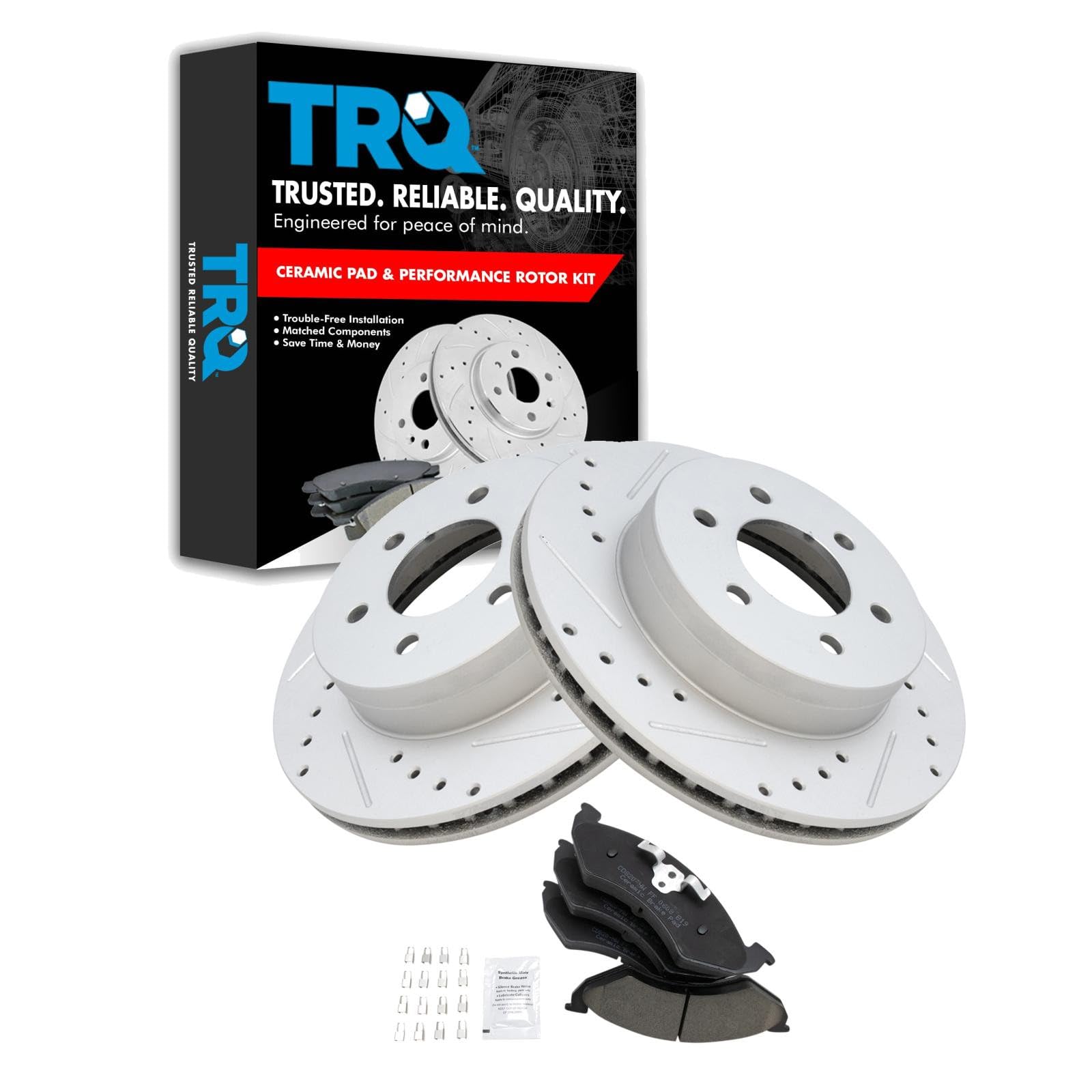 TRQ Front Brake Pad and Rotor Set Ceramic Coated Drilled Slotted Vented Rotors Compatible with 2000-2002 Dodge Dakota Durango Image