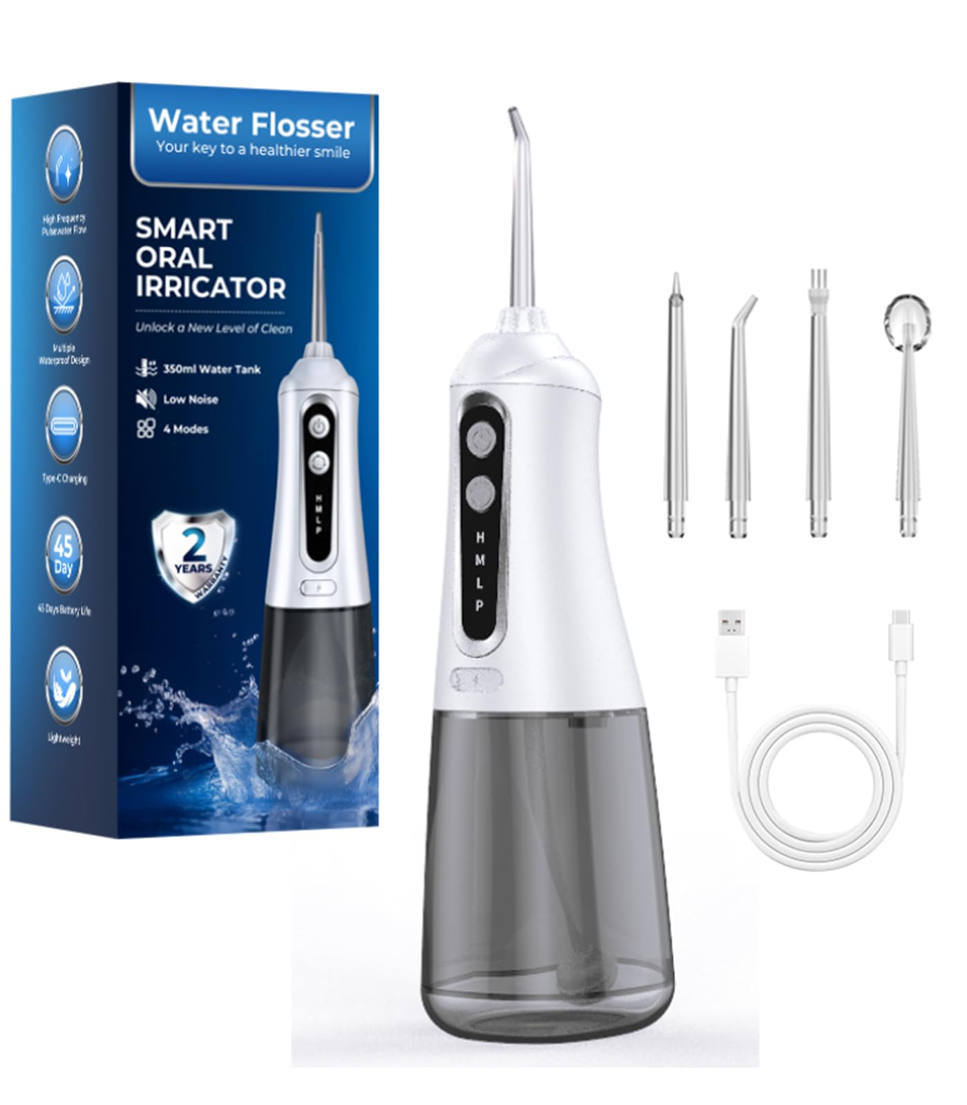 Photo 1 of Water Dental Flosser Pick for Teeth, Cordless Oral Irrigator Cleaner 350ML IPX7 Waterproof Rechargeable, 4 Modes 4 nozzles, Portable Professional Flossing for Cleaning Gum Care Braces Home Travel