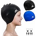 2 Pack Kids Swim Caps for Boys Girls, Durable Silicone Swimming Cap with 3D Ear Pockets for Age 3-15 Toddler Child Youth Teen, Unisex Swim Bath Hats for Short/Long Hair with Ear Plugs Nose Clip