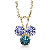 Gem Stone King 14K Yellow Gold Blue Tanzanite and Blue Diamond 3-Stone Pendant Necklace For Women (0.40 Cttw, Gemstone December Birthstone, Round 3MM, 18 Inch Chain)