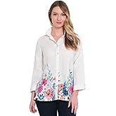 john mark Women's Floral Border Wire Collar Button Front with Roll Tab Sleeves