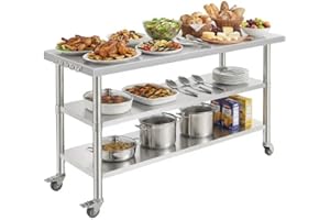 NSF Stainless Steel Prep Table 60x24x35in with Casters No Backsplash Curved Edge with Hooks