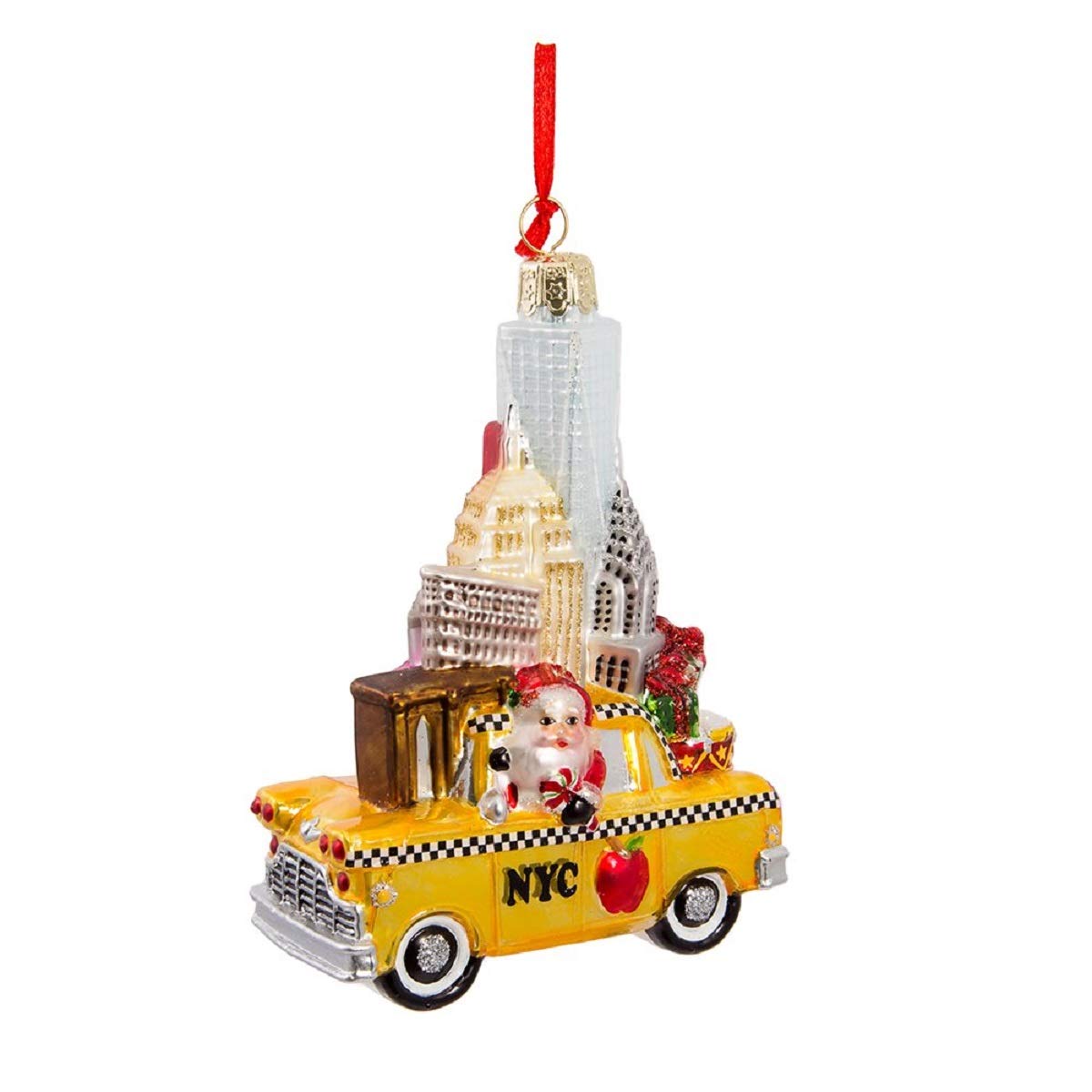Kurt Adler 5" NYC Santa in Taxi Glass Ornament, holiday