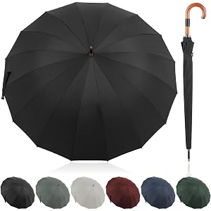 Stick Umbrella, Vintage Wood Crook Handle, 16 Reinforced Ribs, 51 Inch Oversized Parasol, High Density Large Canopy, UV Prote