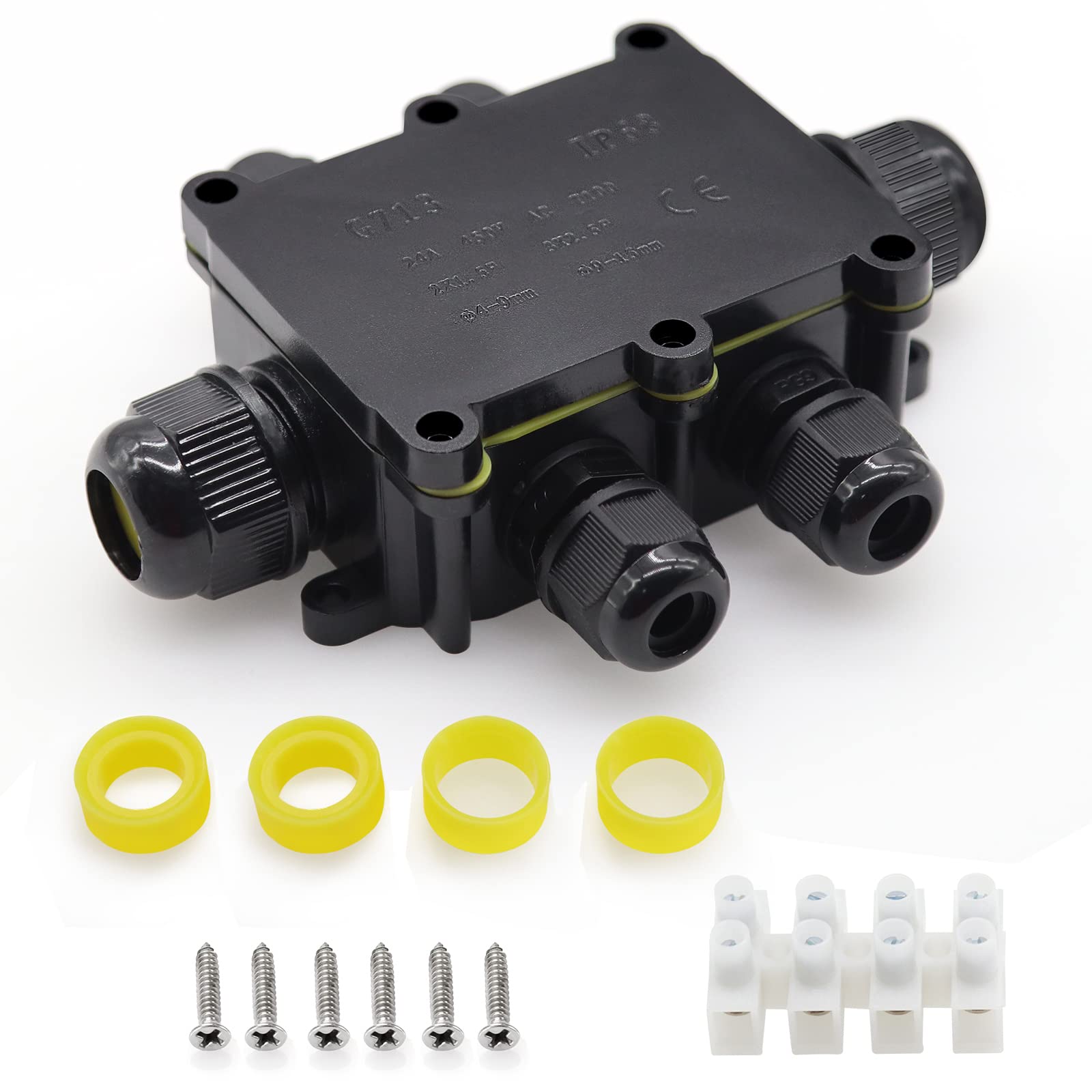 DR.WATCH IP68 Waterproof Junction Box - 2-6 Way Outdoor Cable Connectors with 2 M20 Gland Wire Connector Electrical Junction Box for 5-12MM Diameter Cable, Black Box (6-way)