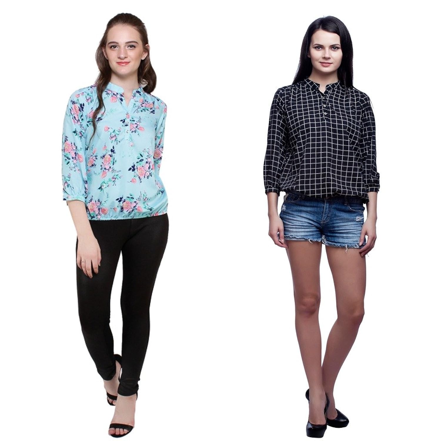 mallory winston light blue floral & black checkerd women's balloon top